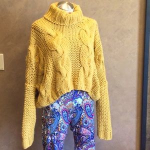 Mustard yellow cropped cowl neck sweater